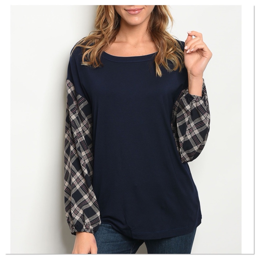 Navy Plaid Puff Sleeves Top - Picture 2 of 3